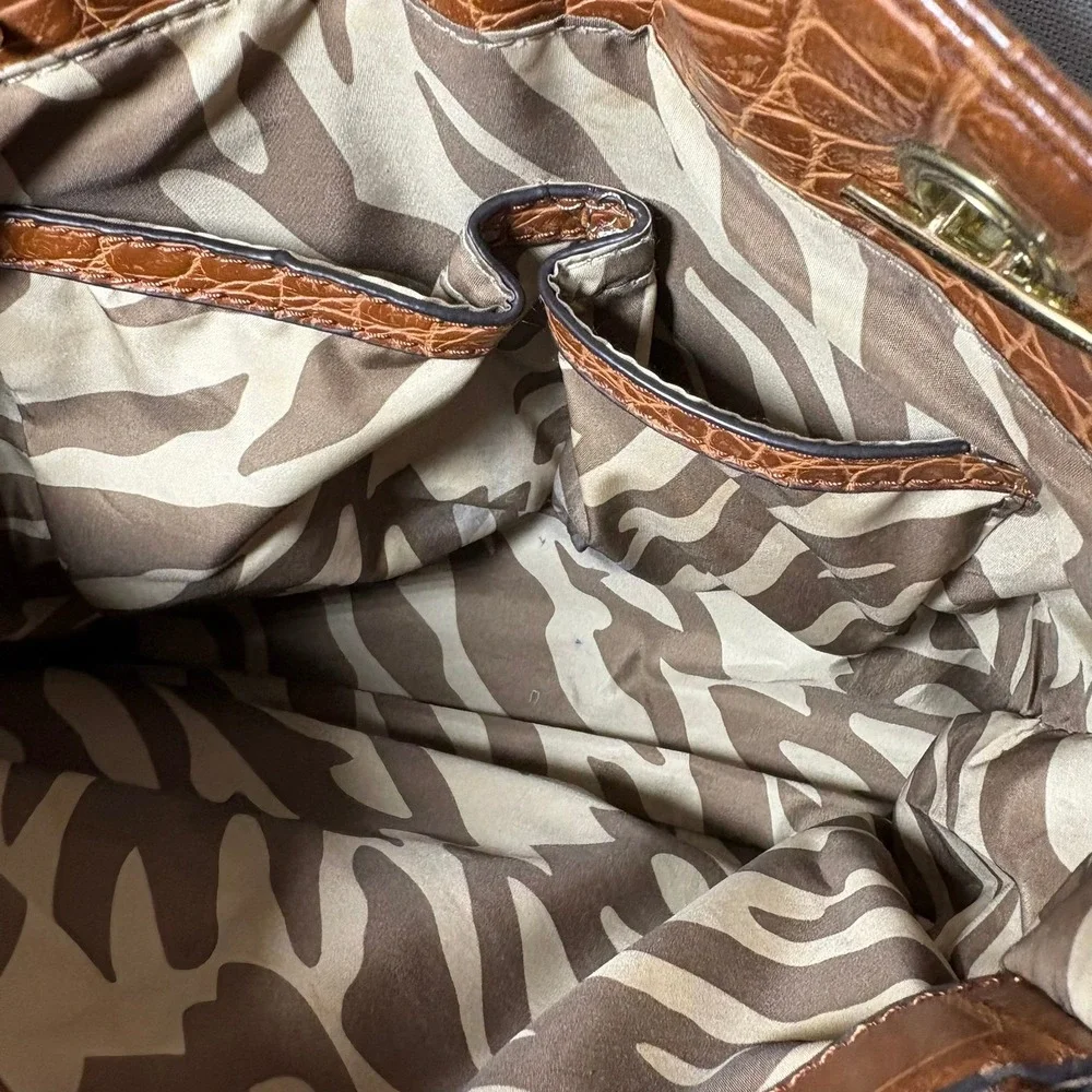 Anne Klein Cognac Brown Croc Embossed Tote‎ Bag Gold Chain Zebra Print Lining